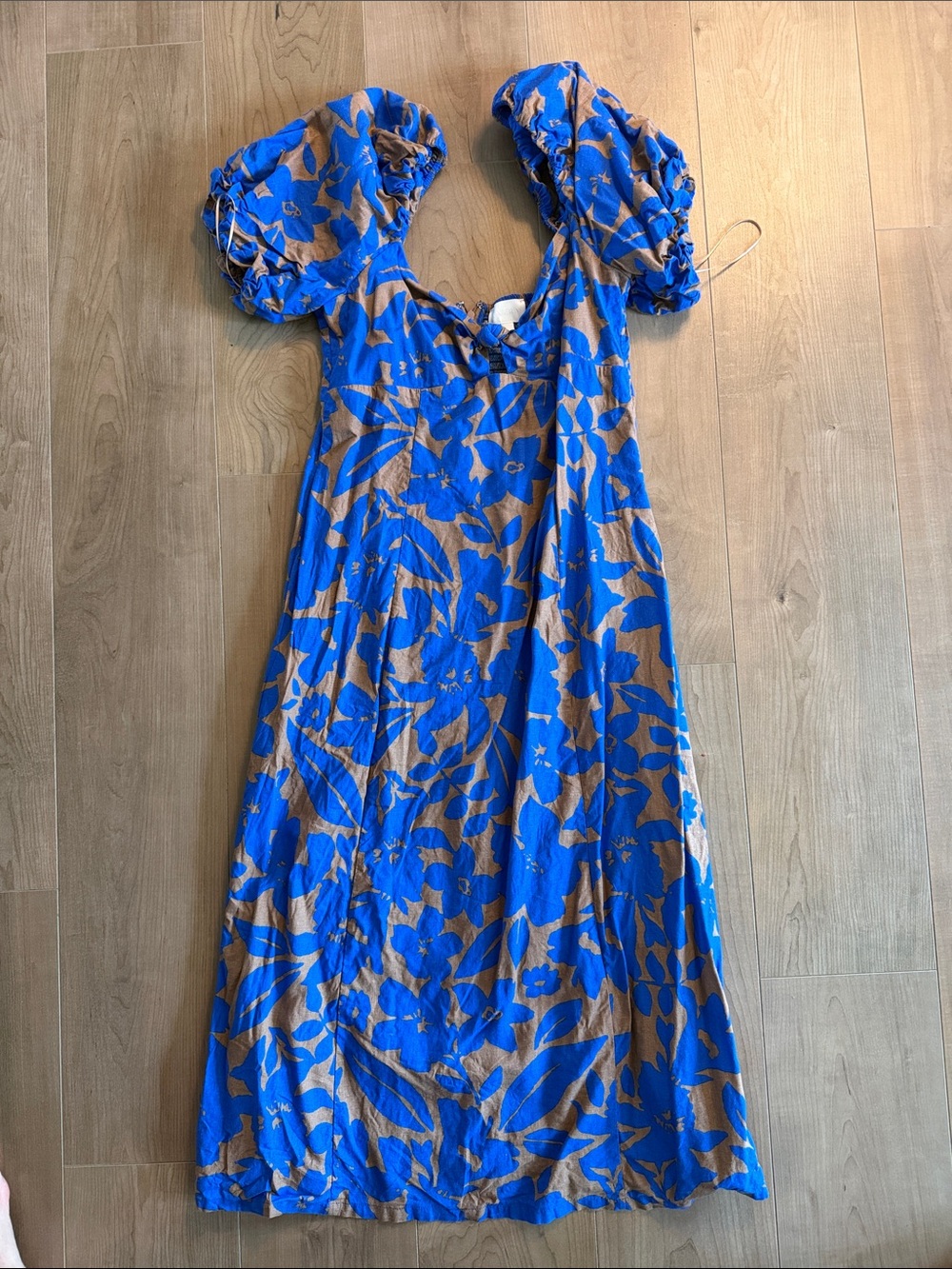 Blue and Brown Floral Puff-Sleeve Maxi Dress